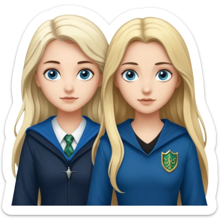 a pretty ravenclaw girl with long brown hair and blue eyes standing with a hot Slytherin girl with long blonde hair, blue eyes and big boobs  sticker