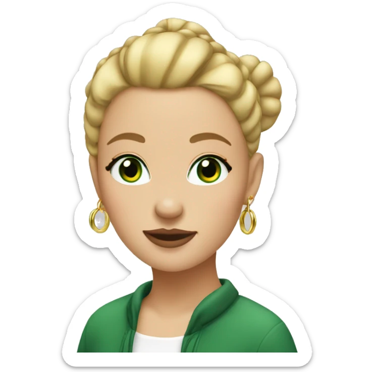 blonde girl with a bun on the top of her head, GREEN eyes, and gold hoop earrings sticker