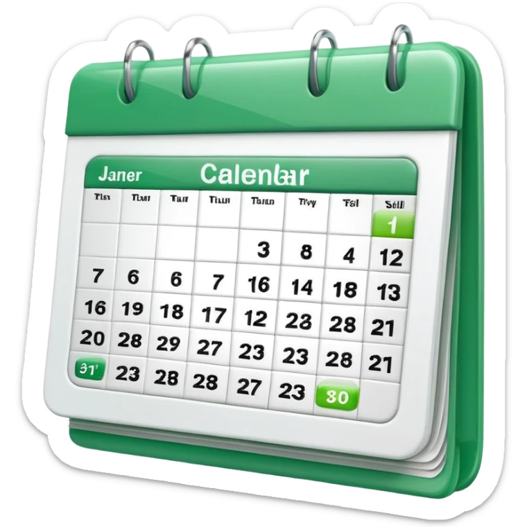 A glossy 3D icon of a clean digital calendar with green (#16A34A) accent highlights, floating pages, subtle shadows, and a modern SaaS-UI look. Soft reflections, rounded edges, friendly professional style. Represents scheduling and reservation management. sticker