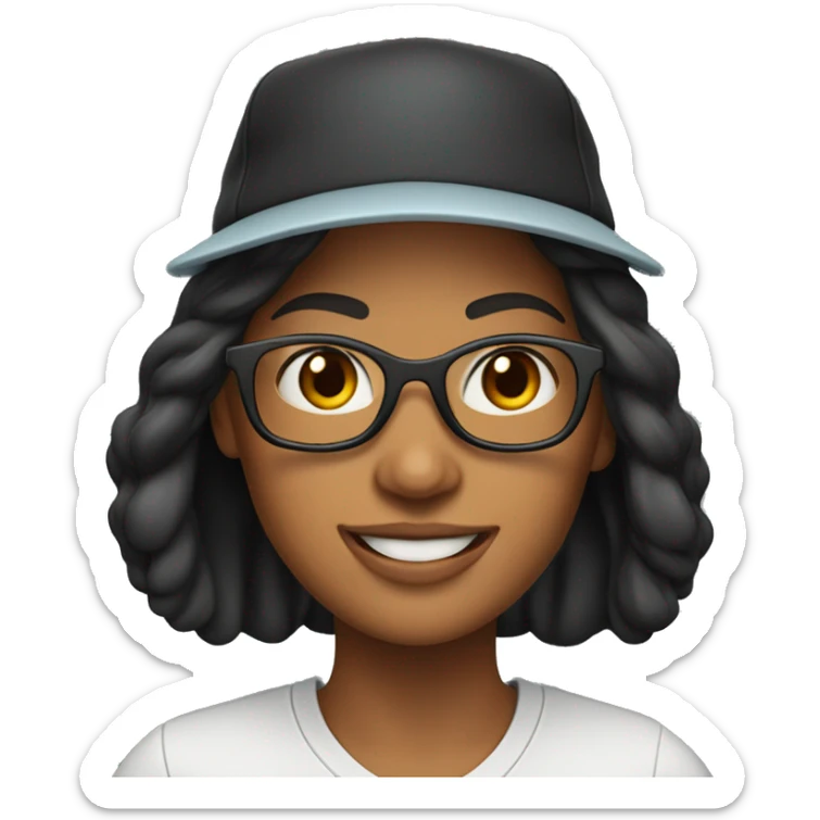 memoji of a cool woman smiling, black long hear without glass with sport hat and has a laptops sticker