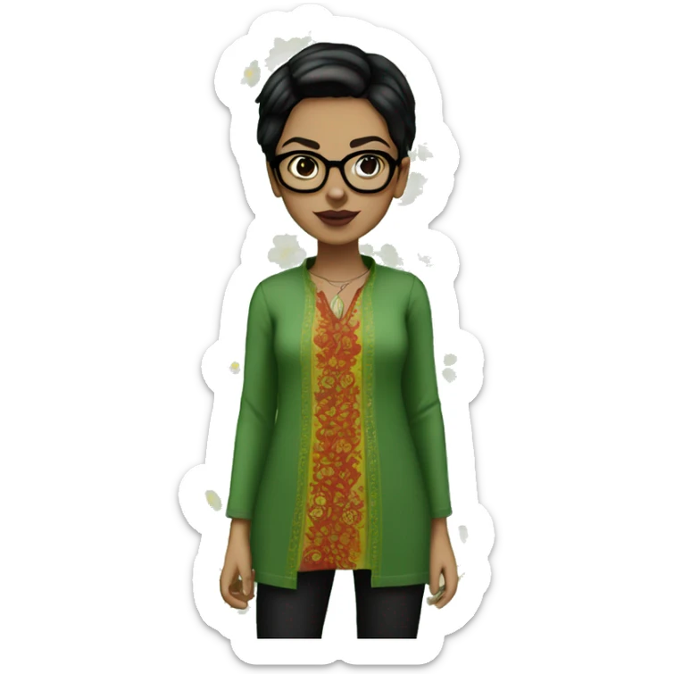 White girl in a green kurta with flower design, glasses, alot of piercing, gay, red lips, nose ring, full body, short straight black edgar hair, black straight hair sticker