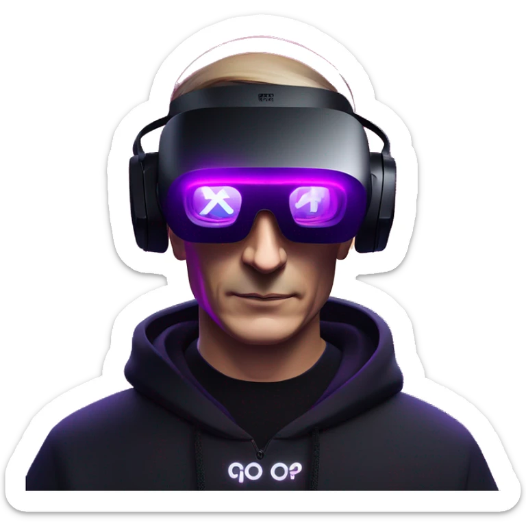 Vladimir Putin wearing a black hoodie with "OMG" letters on it and VR headset oculus quest 2 in a cyberpunk VR environment with violet neon lighting. sticker