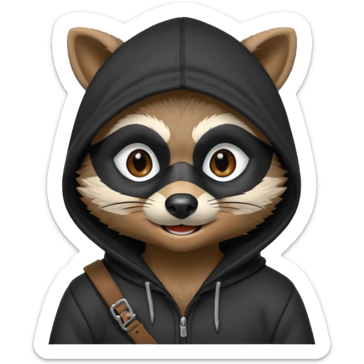 thief raccoon portrait, head and shoulders only, black burglar mask markings, sneaky smile, dark hoodie collar, mischievous eyes, 3D cartoon, mobile game icon style, clean background, no text, no watermark
 sticker