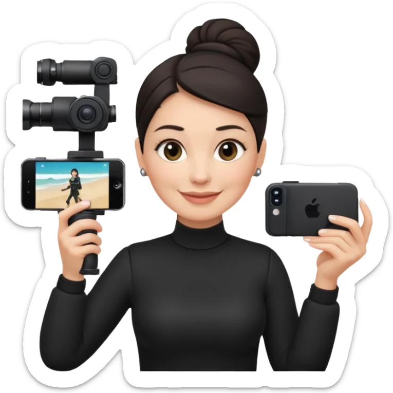 middle aged woman photographer with dark hair, slicked back in a bun, wearing black clothes, carrying a canon r5 and an iPhone on a gimbal sticker