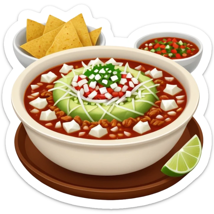 A delicious hot bowl of pozole rojo with separate sides next to the bowl: white chopped onions, green shredded cabbage, lime wedges, red chile de arbol salsa, and round tostadas sticker