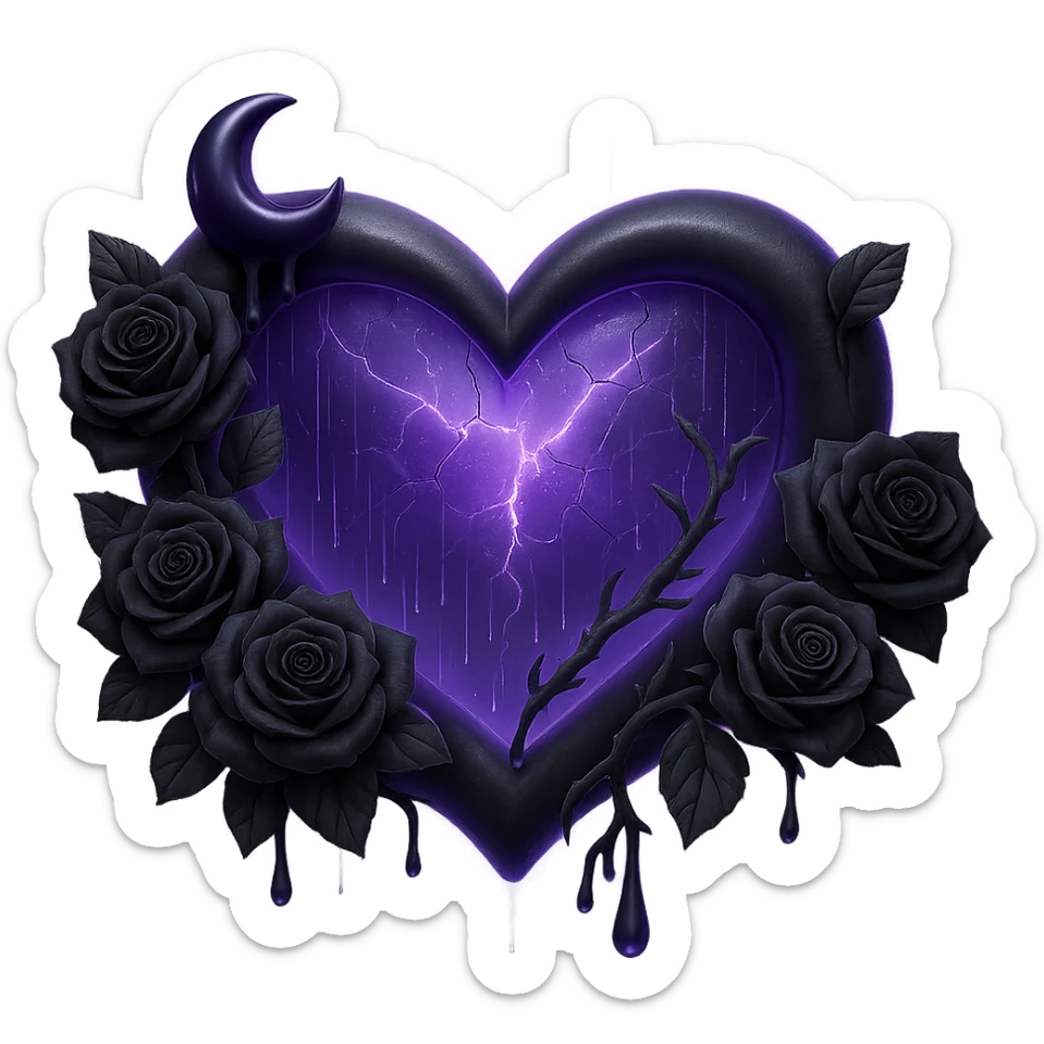 Add a glowing aura around the gothic heart, keeping the prominent black roses, translucent purple glass, crescent moon with black drips, faint lightning bolts, much more rain and thick mist, cracked glass with glowing mist. The style should resemble 3D emoji style. Remove the background. sticker