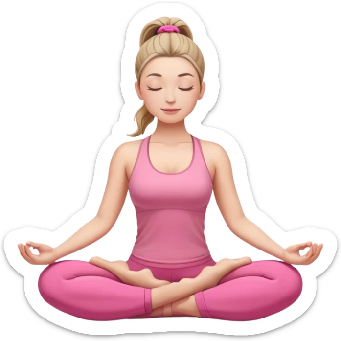 white woman with ponytail hairstyle in lotus position meditation yoga pose, closed eyes, relaxed face, wearing pink yoga outfit sticker