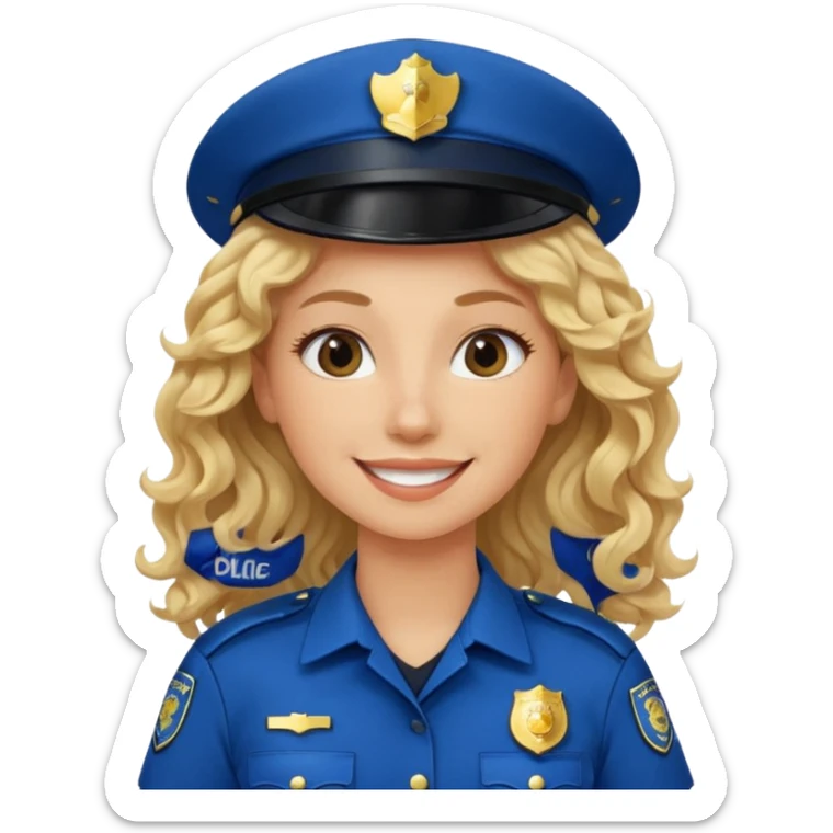 Female POLICE IN blue, long blonde curly hair, happy smile sticker