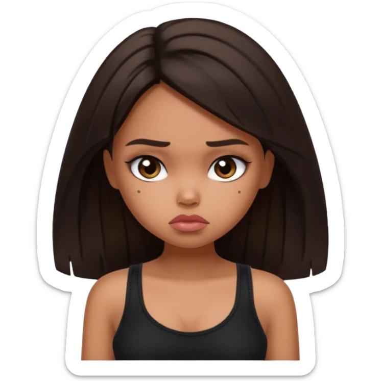 generate a pretty fair bratz girl with long dark brown hair looking sad. Wearing a black cami sticker
