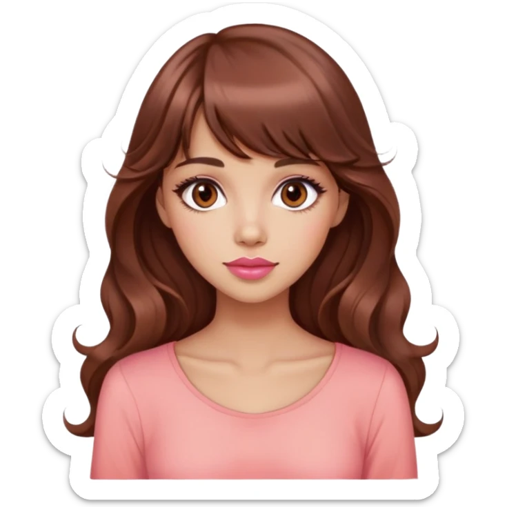 cute lady, light tan skin, big dark brown eyes, very long wavy auburn hair, bangs, pink top, coral lipstick sticker