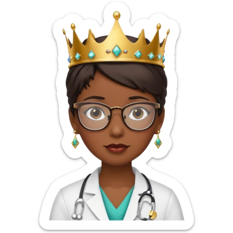 female doctor very short dark brown hair with glasses and earings and a crown sticker
