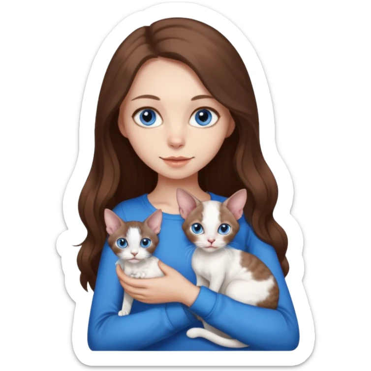 beautiful skinny girl with long brown hair and blue eyes in dark long sleeve is holding a devon rex white cat with blue eyes. the colors of cat’s and girl’s eyes are the same.  sticker