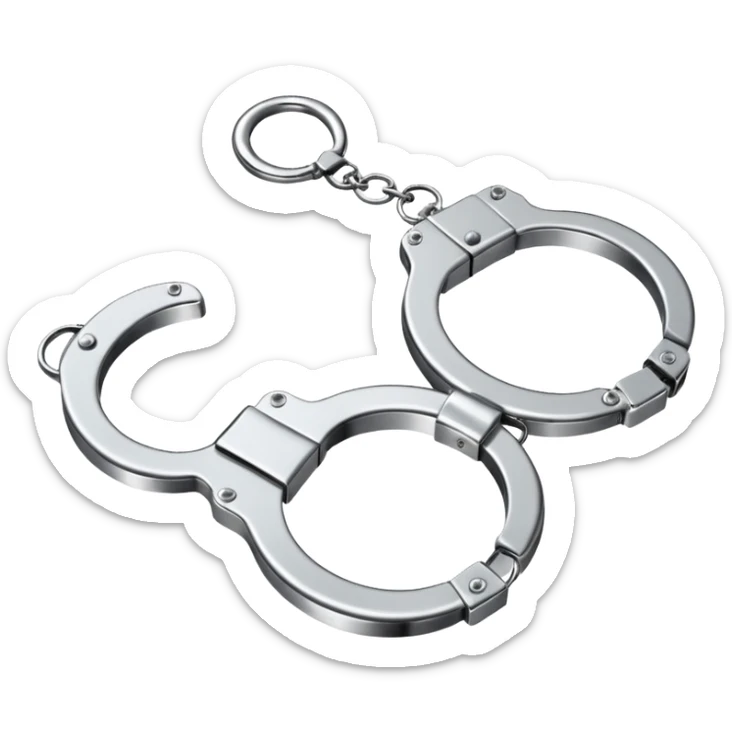 A pair of elegant handcuffs emoji made of silver chrome, smooth rounded design, glossy metallic reflections, luxury fetish aesthetic, minimal iOS emoji style, centered, clean white background sticker