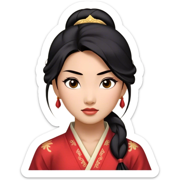 Cinematic Realistic Mulan Portrait, depicted with lifelike skin texture, soft natural lighting, and intricately detailed long black hair styled elegantly. Her deep, expressive eyes exude determination and grace, complemented by a serene yet confident expression. She is dressed in her classic attire, with rich fabric textures and delicate folds that catch the light beautifully. The portrait features a soft, enchanting glow with a natural, radiant finish, capturing the essence of timeless strength and beauty in a realistic and painterly style, evoking a sense of depth and authenticity. sticker
