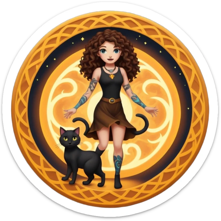 woman with long curly brown hair, brown eyes, white skin, tattoos, black cat stepping out of a glowing portal circle sticker