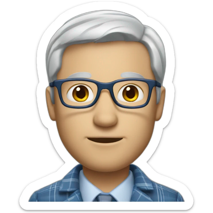 White man, short grey hair with no part, glasses, plaid business shirt, plain blue sports coat. sticker