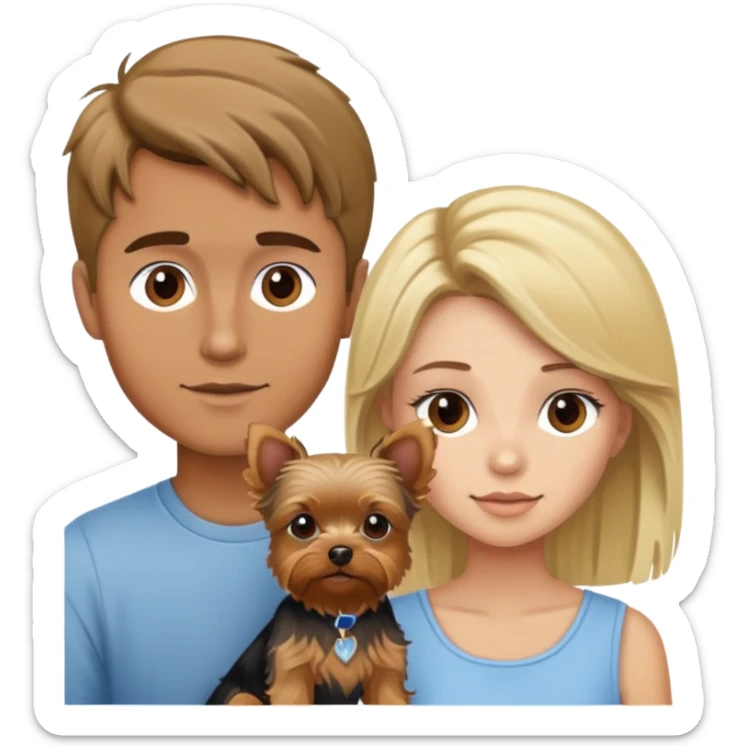 tan boy with brown hair and blonde girl with yorkie sticker