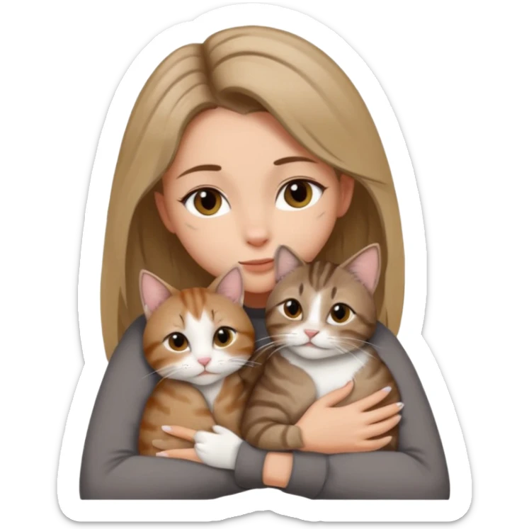 Une femme avec les cheveux dégradée, brun et blond, qui fait un câlin à son chat gris, tigré avec les extrémités que pattes pointe d’oreilles noires et le dessous du menton blanc la fille n’a pas d’oreilles, il n’y a qu’un seul chat sticker