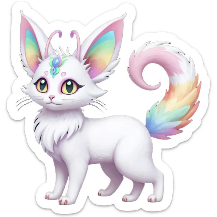 Pure-snow-White albino iridescent with pastel rainbow-gradients-color-markings with swirly patterns butterflies  faerie-Noivern-Noibat-Purloin-Torracat-Lykoi-Caracal-cat-Fakemon-fusion-hybrid-creature sticker