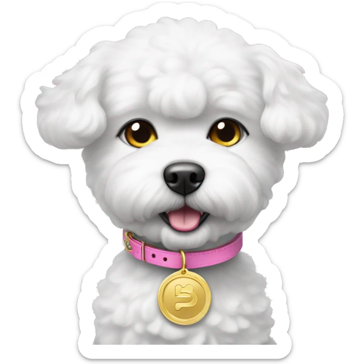 bichon dog wearing a pink collar with a gold coin shaped tag hanging from the collar sticker