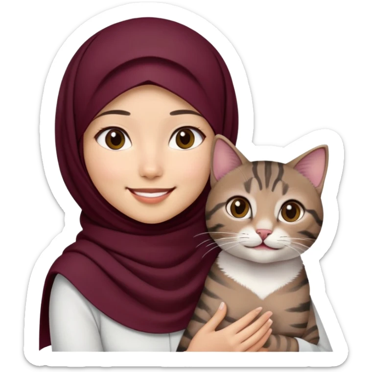 Asian white Girl wearing dark maroon hijab with white shirt smiling while holding a black brown grey tabby cat sticker