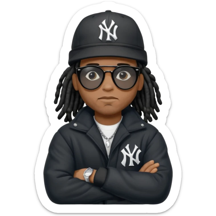 African American man with shoulder length black dreadlocks wearing black sunglasses with black bubble winter coat wearing a New York Yankees baseball hat with arms folded sticker