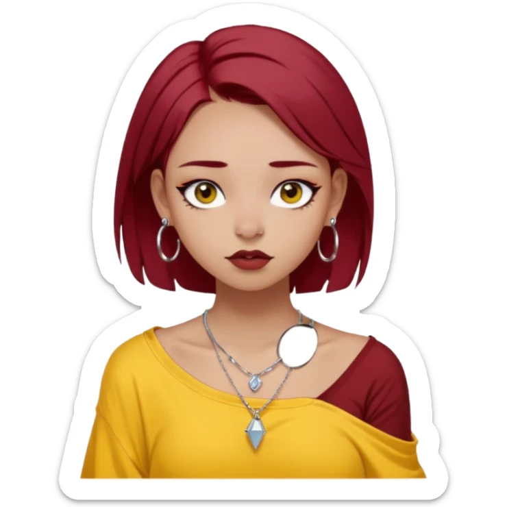 generate a pretty bratz girl with dark brown eyes. Dark red hair straight long. wearing a yellow oversized tee falling off her shoulder, dainty silver necklace, silver hoops, septum piercings. big eyeliner sticker