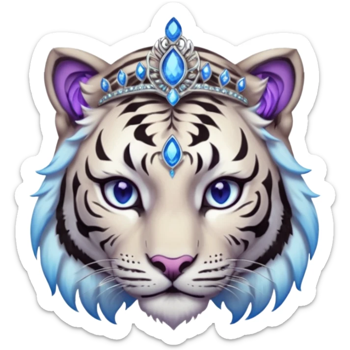 ESO Female white/black tiger khajiit leader of the umbral rose, glowing blue eyes, glowing blue 'third eye' gem; purple gemmed silver tiara sticker