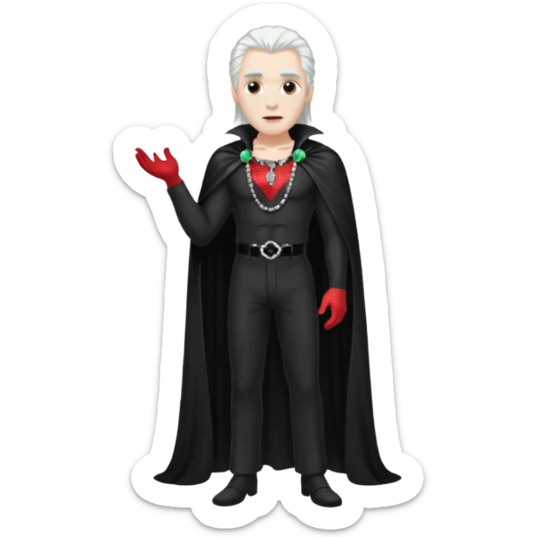 Dracula with long white hair, black sequin baggy pants, shirtless with necklace, black sequin cape sticker