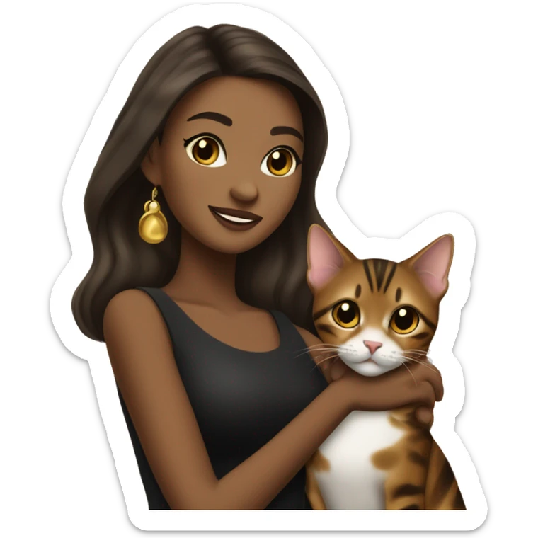 Beautiful skinny woman long dark brown hair in dark dress with gold earrings hug bengal cat sticker
