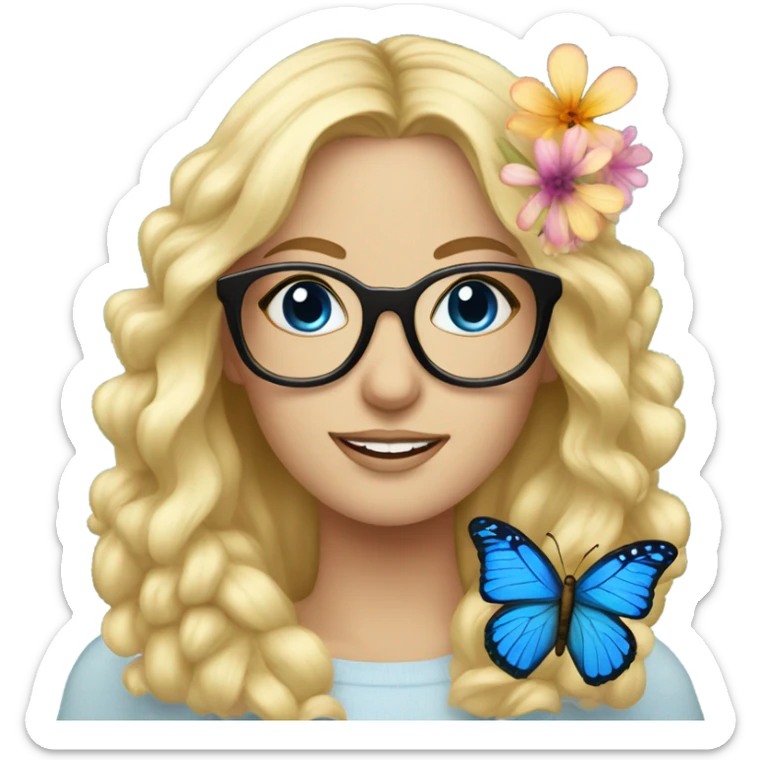 Gorgeous blond lady blue eyes with flowers and butterflies wearing glasses  sticker