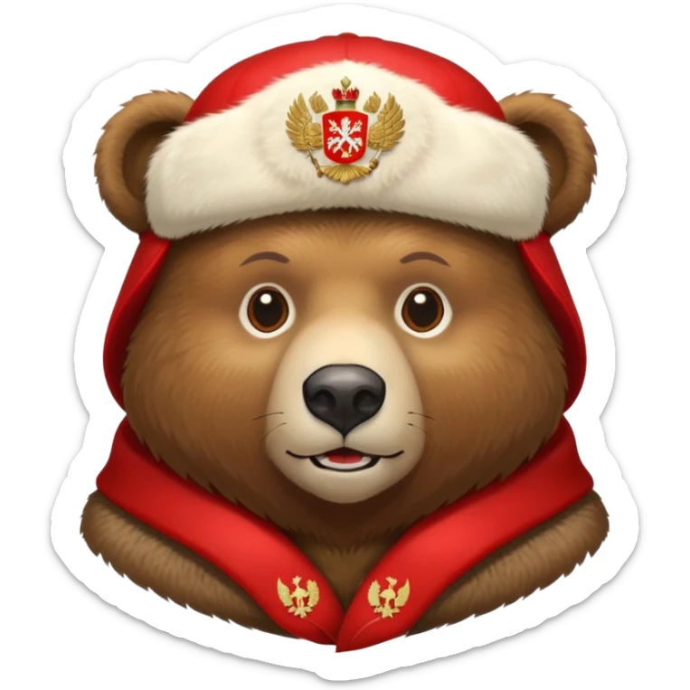 Russian brown bear wearing a red ushanka hat with Russian coat of arms emblem, front view, iOS emoji style sticker