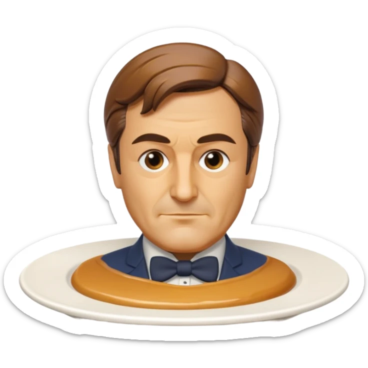 realistic flan dessert sculpted as François Fillon's bust, caramel hair, on a simple white round plate sticker