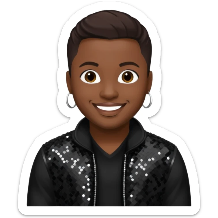 Nokio from Dru Hill with dark brown hair, black sequin outfit, dark skin sticker