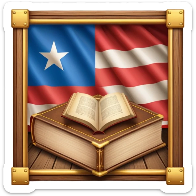Historic book with theatre stage opening on cover, Puerto Rican flag visible on stage backdrop, wooden frame elements, glowing with warm light suggesting immortality of cultural heritage sticker