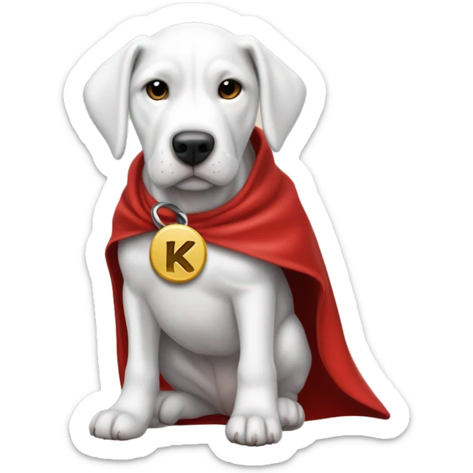 krypto the dogo argentino puppy superdog, letter K on dogtag, wearing red cape. sticker