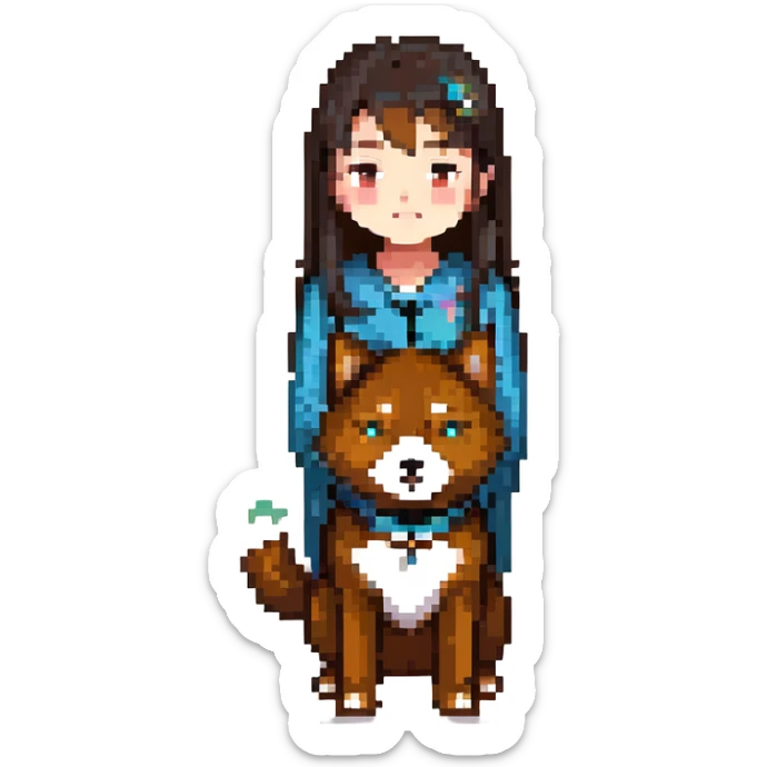 Asian girl with dark brown hair and a black shiba inu sticker
