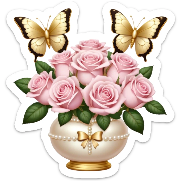 Realistic aesthetic bouquet of light pink roses in a pearl vase and a ivory bow with gold decoration and a butterfly with gold and beige wings sticker