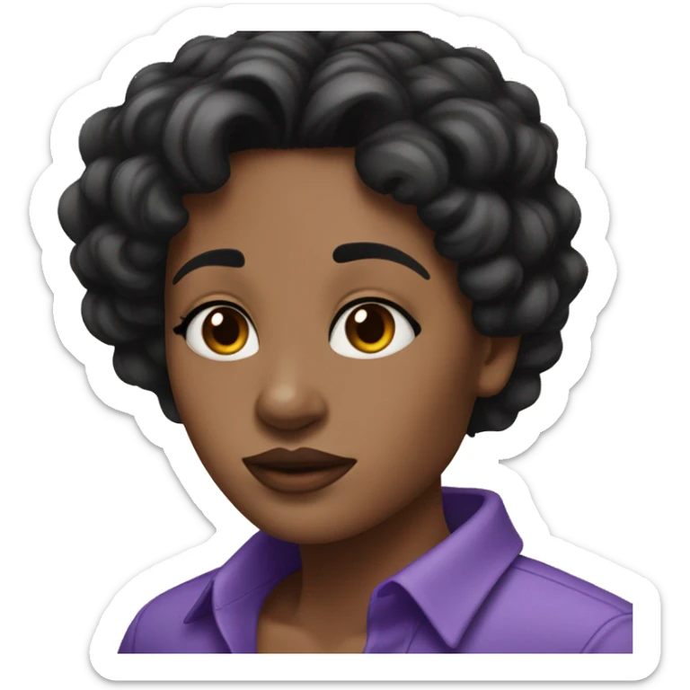 women with fare skin black freckles across face,black hair black eyes and purple shirt sticker