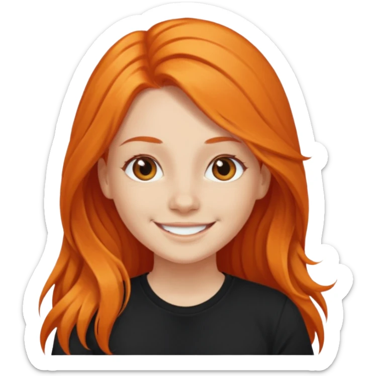 smiling girl with long orange hair and black t-shirt sticker
