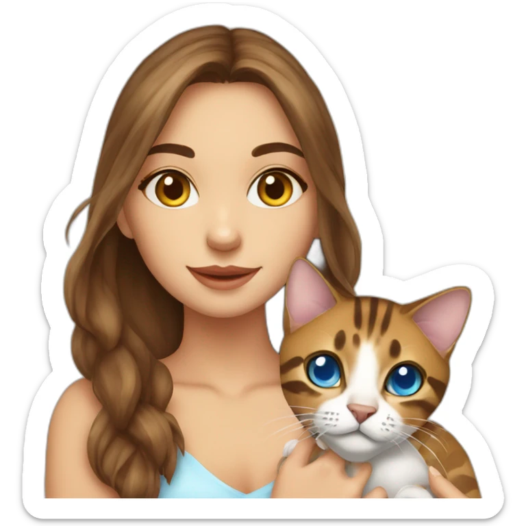 a beautiful girl with blue eyes and brown hair is holding a Bengal cat with yellow eyes in her arms sticker