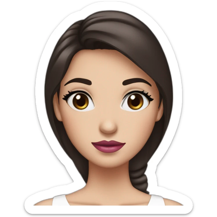 Women with long dark brown hair and long eyelashes blue eyes with pink lips and thick dark brown eyebrows wearing a white dress sticker