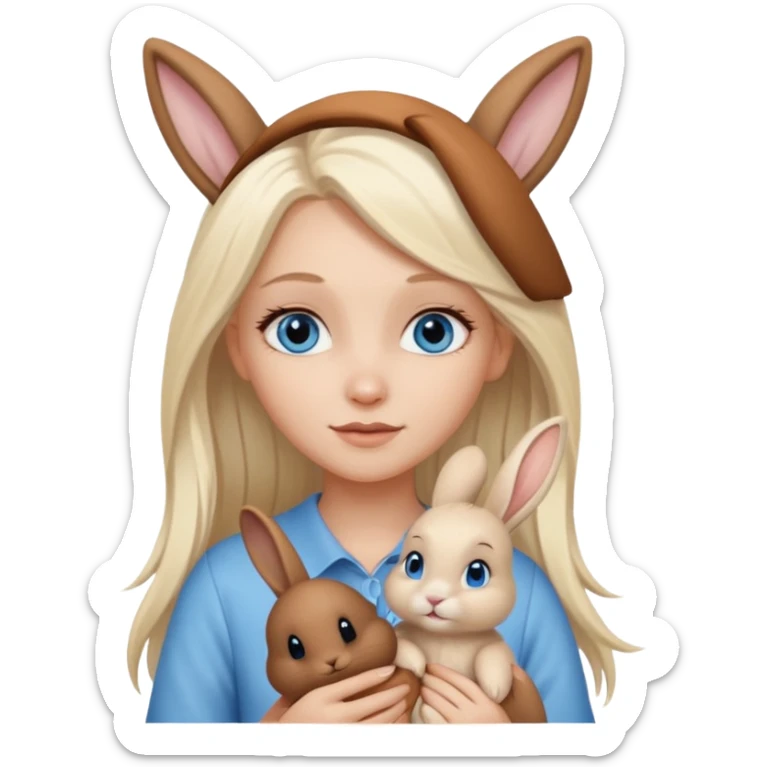 Pale white girl with long platinum blonde hair and blue eyes, holding long ear brown bunny sticker