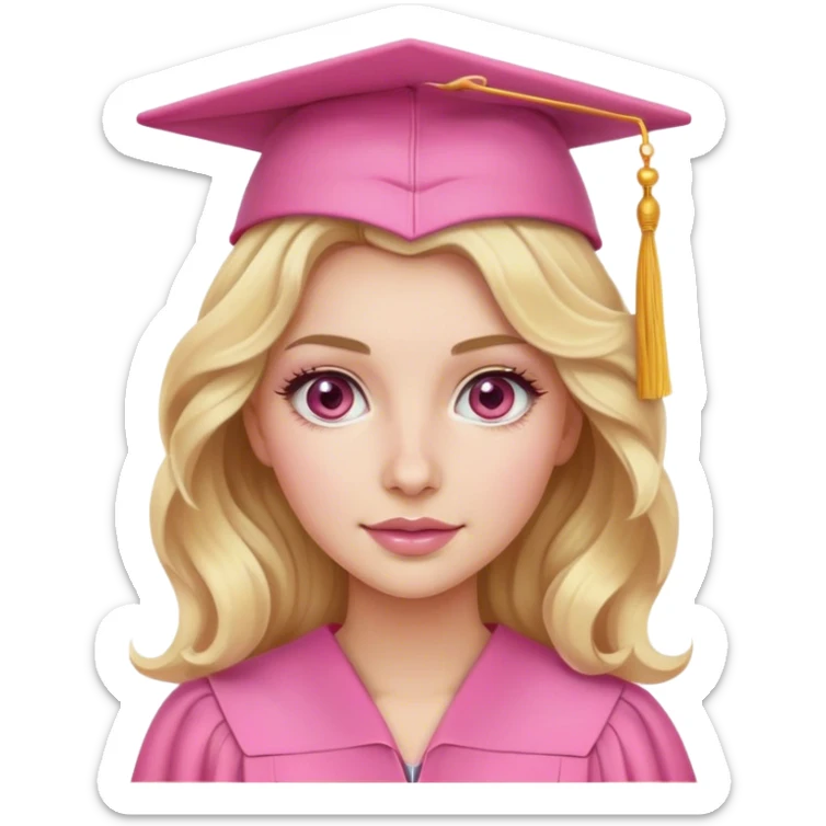 Blonde with wavy hair, a pink graduation cap, white skin and hazel eyes with pink makeup  sticker
