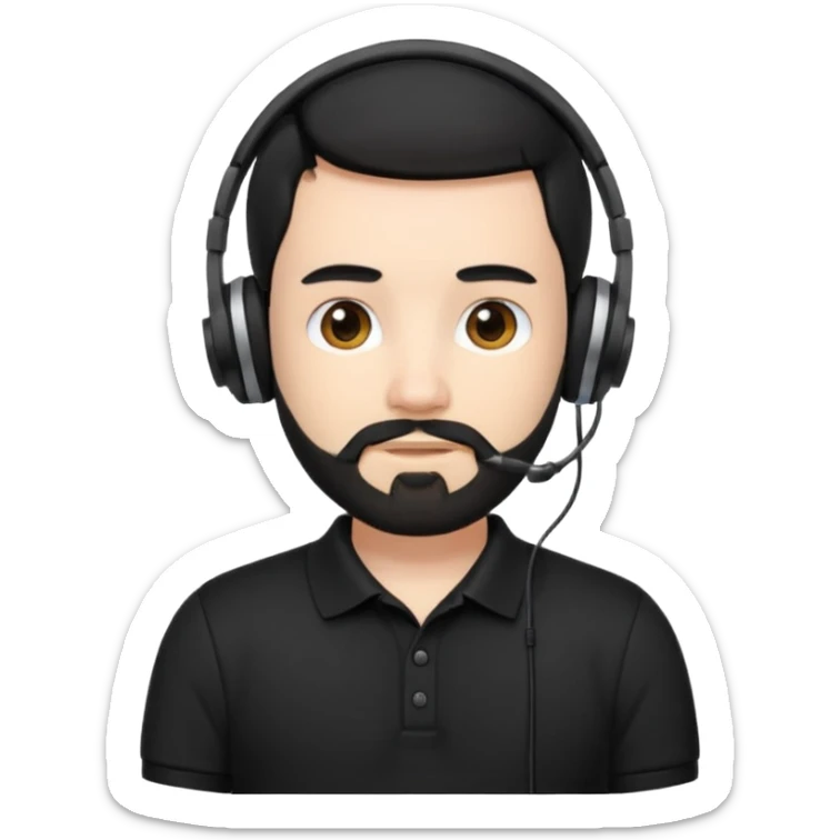 black and  hair with beard and headphones white skin male and nice polo shirt hair short on side black polo  sticker