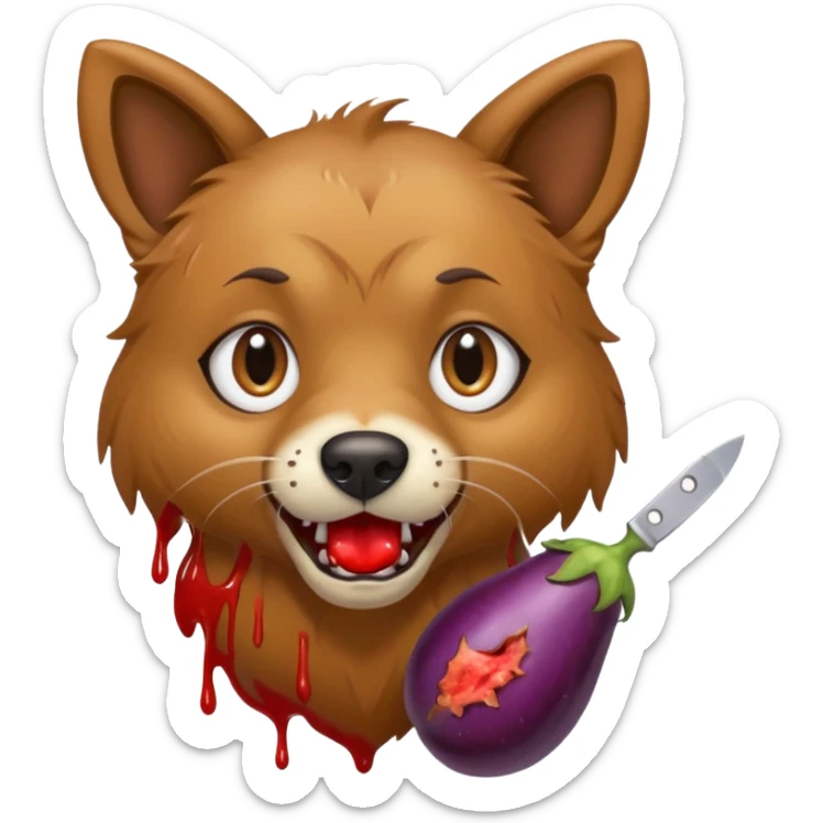 wild-eyed dog clutching knife dripping with blood with eggplant in mouth sticker