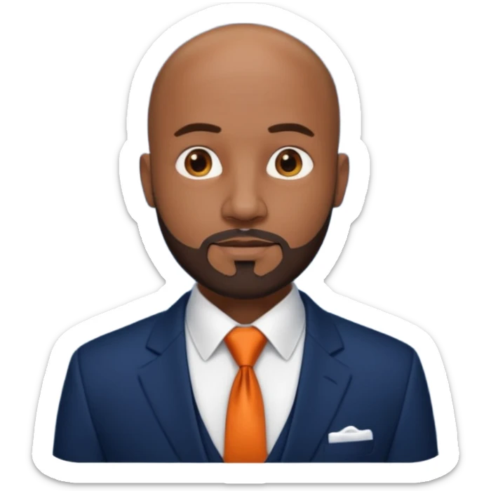 headshot of a sophisticated, stylish, bald head Caribbean black man with a beard and goatee in a navy blue suite, white shirt and dark orange tie sticker