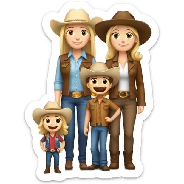 Caucasian family of 3, all with cowgirl hats on, 1 blonde teenager, 1 light brown haired mom, 1 little boy with brown hair  sticker