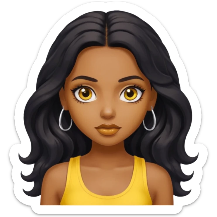 a pretty bratz dusky girl with long wavy black hair, kajal under eyes, yellow tank top sticker