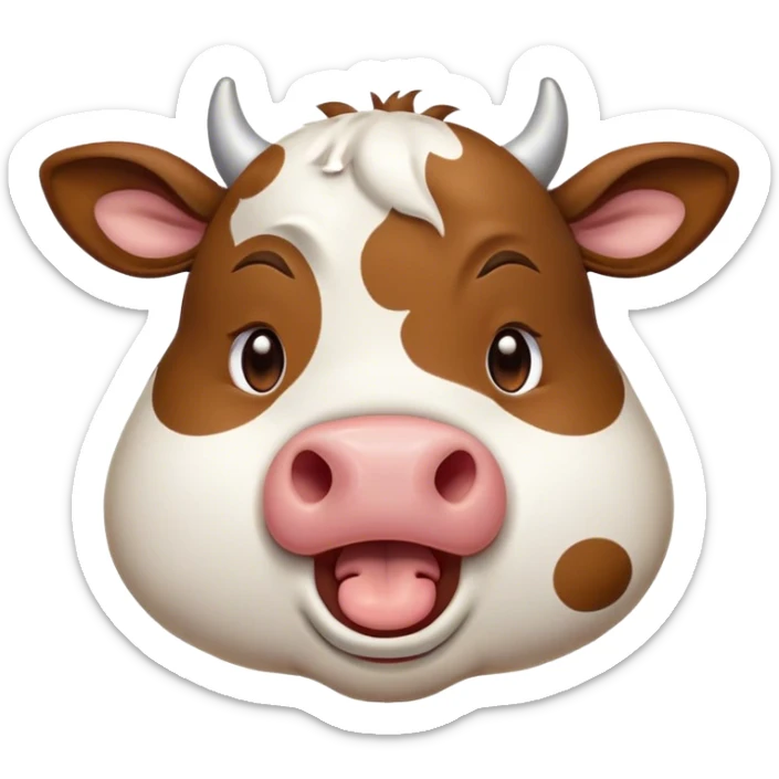 Cinematic Cute Yawning Brown and White Cow Portrait Emoji, Head tilted slightly with a dramatic, wide-open yawn, showcasing a smooth, patterned hide of brown and white, floppy ears slightly drooping, round brown eyes barely open in drowsy contentment, Simplified yet irresistibly adorable features, highly detailed, glowing with a soft, cozy glow, high shine, relaxed yet expressive, stylized with a touch of pastoral whimsy, bright and endearing, soft glowing outline, capturing the essence of a sleepy yet affectionate cow, so drowsy it feels like it could amble out of the screen and curl up for a nap! sticker